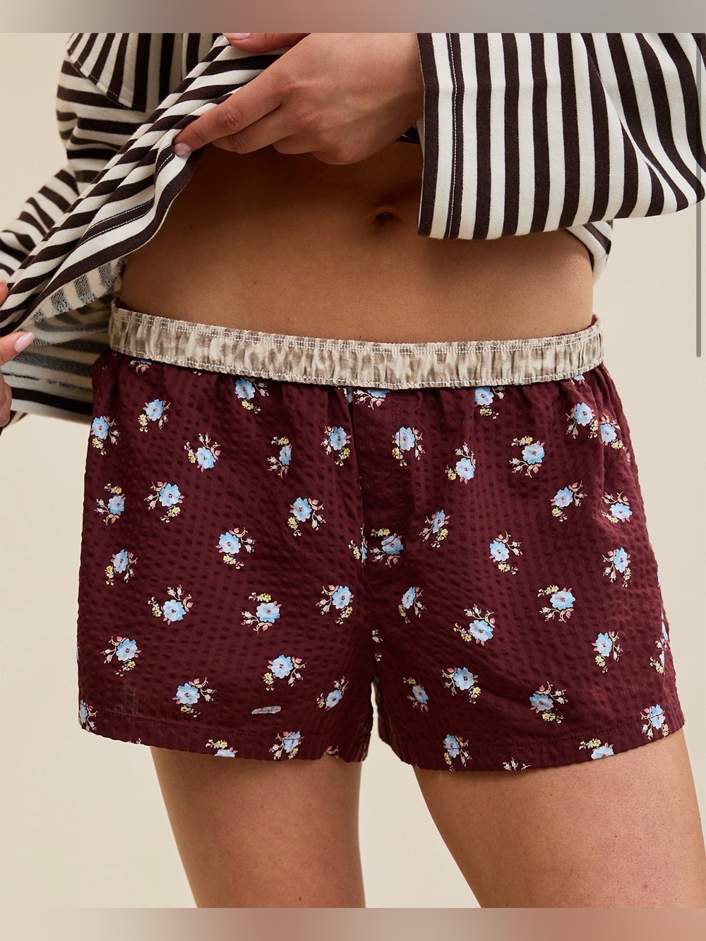 NWT Aerie Around Town Seersucker Boxer Shorts | Berry Floral | S